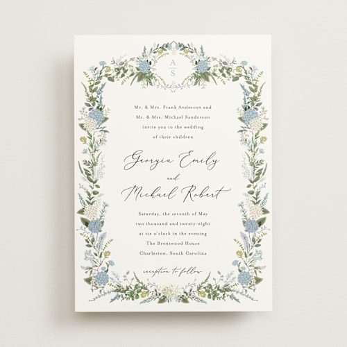This is a coastal wedding invitations with standard by Susan Moyal called hydrangea vine printing on signature in standard