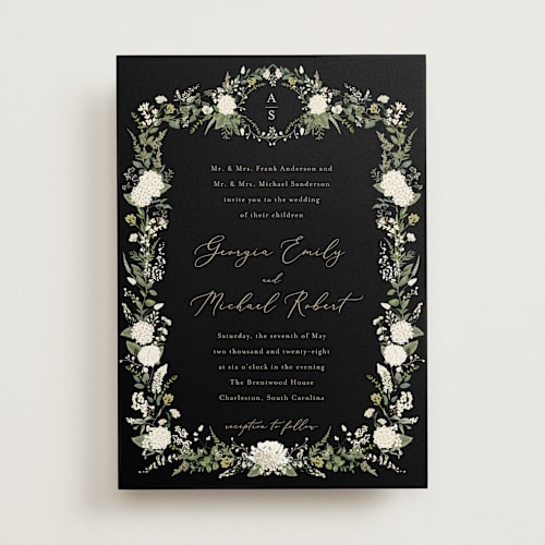 This is a black tie wedding invitations with standard by Susan Moyal called hydrangea vine printing on signature in standard
