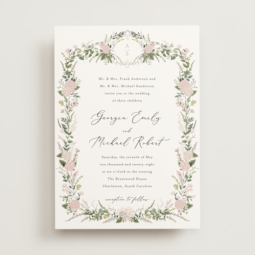 This is a blush wedding invitations with standard by Susan Moyal called hydrangea vine printing on signature in standard