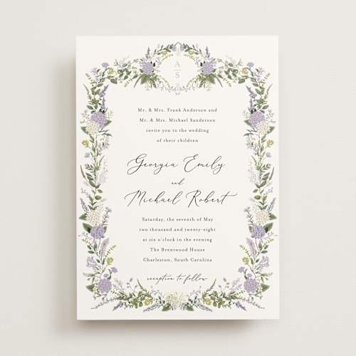 This is a violet mist wedding invitations with standard by Susan Moyal called hydrangea vine printing on signature in standard