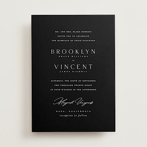 This is a midnight wedding invitations with standard by Kelly Schmidt called merryvale printing on signature in standard
