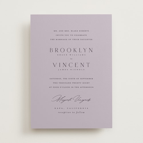 This is a violet wedding invitations with standard by Kelly Schmidt called merryvale printing on signature in standard