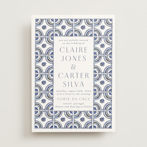 This is a cobalt wedding invitations with standard by Katharine Watson called watercolor tile printing on signature in standard