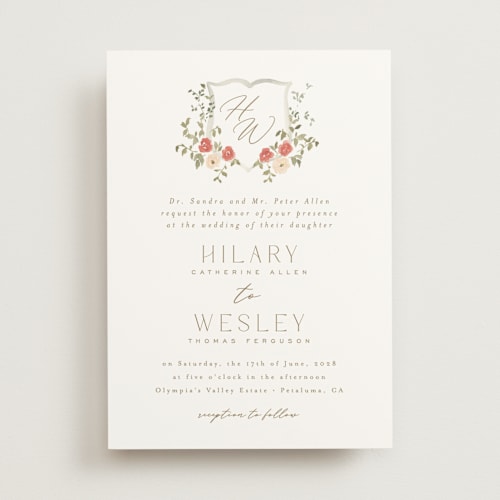 This is a pomegranate wedding invitations with standard by Everett Paper Goods called roses crest printing on signature in standard
