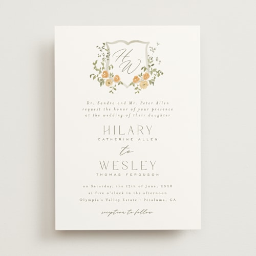 This is a apricot wedding invitations with standard by Everett Paper Goods called roses crest printing on signature in standard