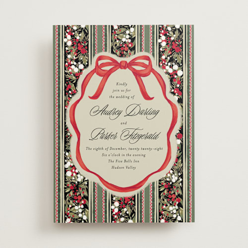 This is a ruby wedding invitations with standard by Jackie Crawford called holiday ribbon printing on signature in standard