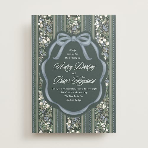 This is a juniper wedding invitations with standard by Jackie Crawford called holiday ribbon printing on signature in standard