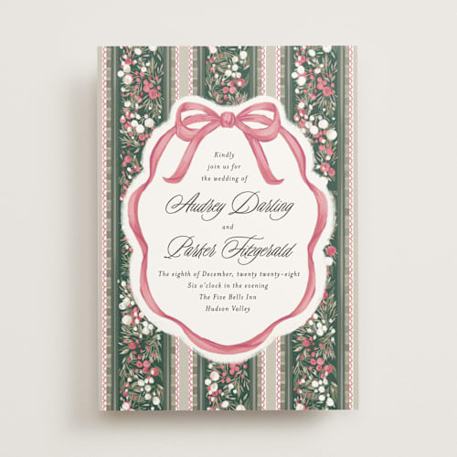 This is a peony wedding invitations with standard by Jackie Crawford called holiday ribbon printing on signature in standard