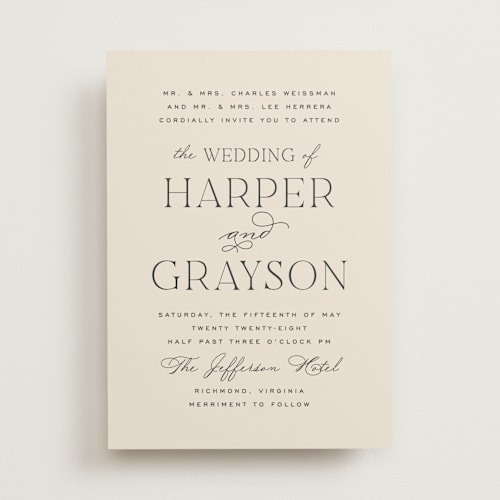 This is a creme wedding invitations with standard by Carly Reed Walker called tendu printing on signature in standard