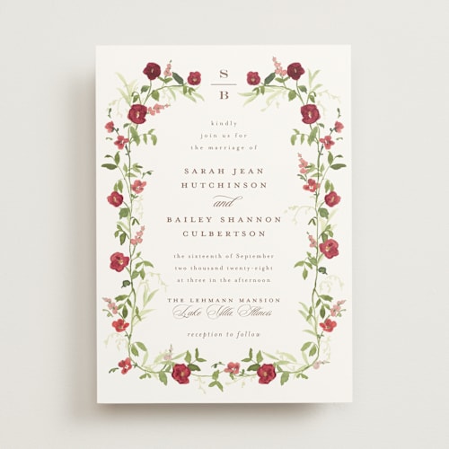 This is a cabernet wedding invitations with standard by Everett Paper Goods called wildflower trellis printing on signature in standard
