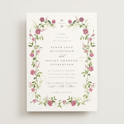 This is a mulberry wedding invitations with standard by Everett Paper Goods called wildflower trellis printing on signature in standard