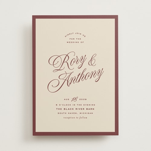 This is a burgundy wedding invitations with standard by Ellen Schlegelmilch called rory printing on signature in standard