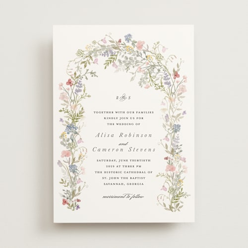 This is a sage wedding invitations with standard by Lori Wemple called flowering arch printing on signature in standard