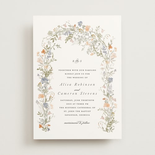 This is a peach wedding invitations with standard by Lori Wemple called flowering arch printing on signature in standard