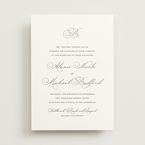 This is a pearl wedding invitations with standard by Jennifer Postorino called initial printing on signature in standard