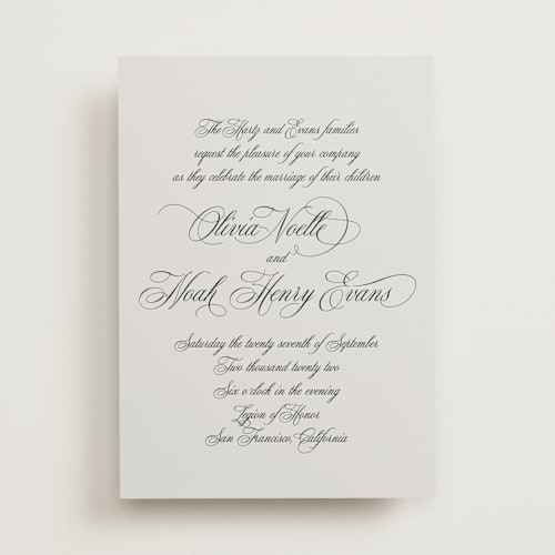 This is a pale smoke wedding invitations with standard by Design Lotus called legacy printing on signature in standard