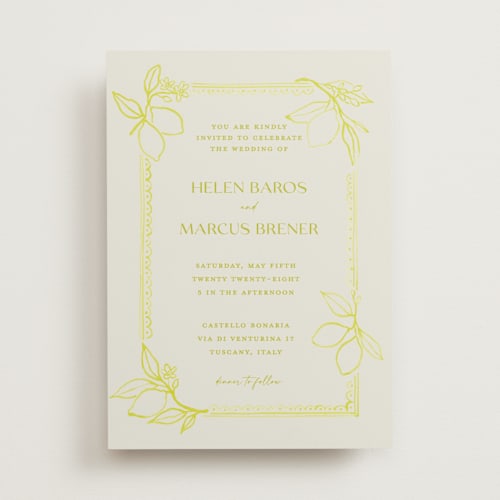 This is a lemoncello wedding invitations with standard by Pati Cascino called mediterraneo printing on signature in standard