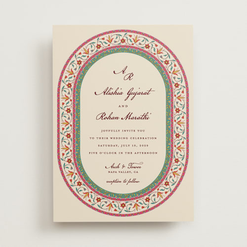 This is a ivory wedding invitations with standard by Sherley Ferreira called mughal gardens printing on signature in standard