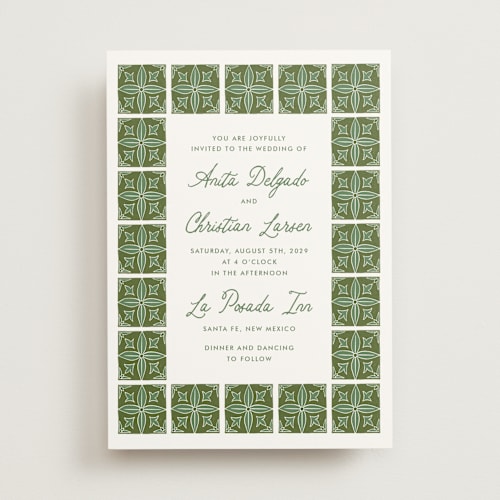 This is a sage wedding invitations with standard by Katharine Watson called block print tile printing on signature in standard