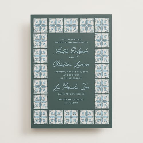 This is a mint wedding invitations with standard by Katharine Watson called block print tile printing on signature in standard