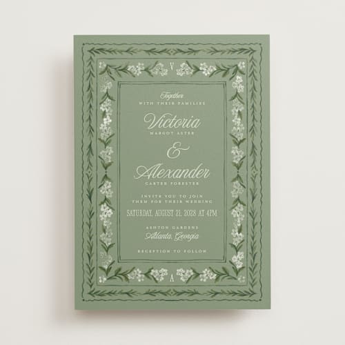 This is a sage wedding invitations with standard by Jenna Holcomb called vintage sketched printing on signature in standard