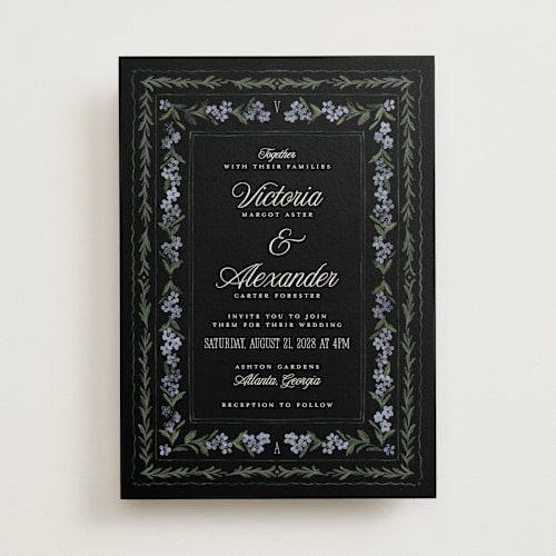 This is a midnight wedding invitations with standard by Jenna Holcomb called vintage sketched printing on signature in standard