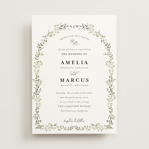 This is a sage wedding invitations with standard by Susan Moyal called monogramed arch printing on signature in standard