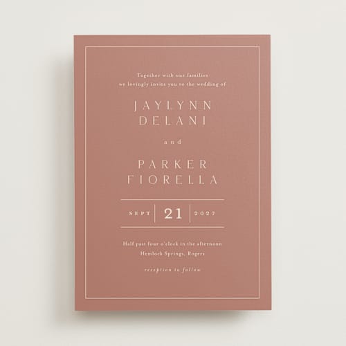 This is a dusty rose wedding invitations with standard by Stacey Meacham called warm affection printing on signature in standard