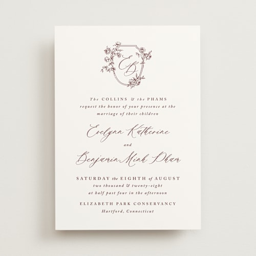 This is a passionate merlot wedding invitations with standard by Design Lotus called close to my heart printing on signature in standard