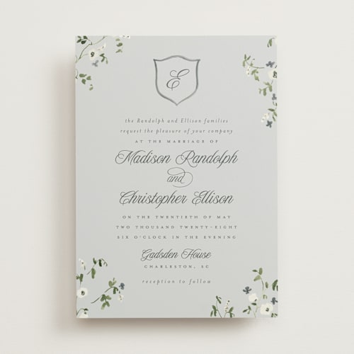 This is a cloud wedding invitations with standard by Everett Paper Goods called wildflower corners printing on signature in standard