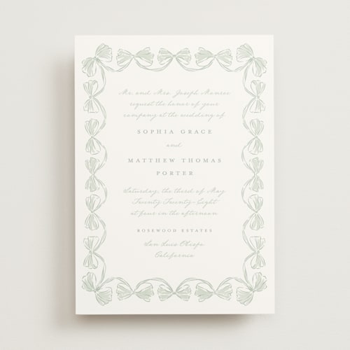 This is a sage wedding invitations with standard by Leah Bisch called bow frame printing on signature in standard