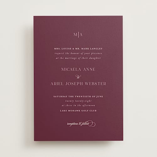 This is a cabernet wedding invitations with standard by Lucrecia Caporale called classic & timeless printing on signature in standard