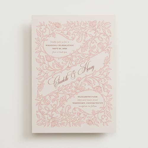 This is a blush wedding invitations with standard by BR Designs called vintage flourishes printing on signature in standard