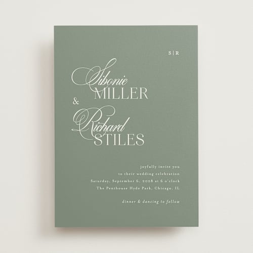 This is a sage wedding invitations with standard by Melanie Kosuge called sibonie printing on signature in standard