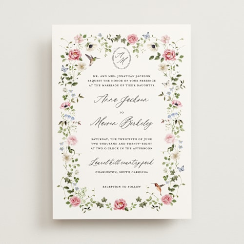 This is a peony wedding invitations with standard by Sarah Knight called ornate printing on signature in standard