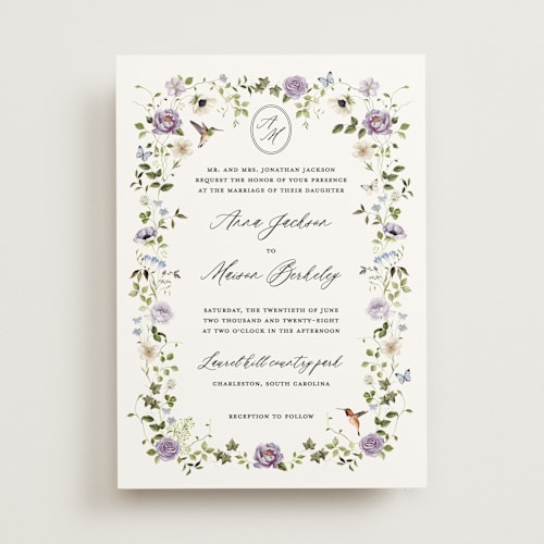 This is a wisteria wedding invitations with standard by Sarah Knight called ornate printing on signature in standard