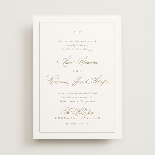 This is a golden wedding invitations with standard by Kelly Schmidt called greenwood printing on signature in standard