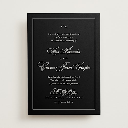 This is a midnight wedding invitations with standard by Kelly Schmidt called greenwood printing on signature in standard