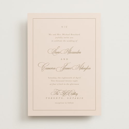 This is a champagne wedding invitations with standard by Kelly Schmidt called greenwood printing on signature in standard