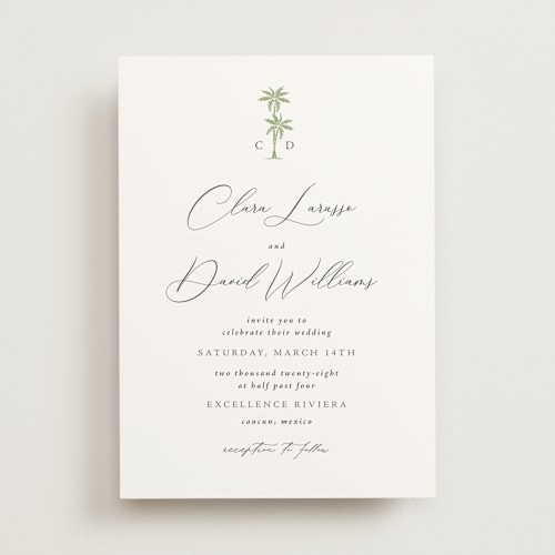 This is a leaf wedding invitations with standard by Olivia Raufman called palm monogram printing on signature in standard