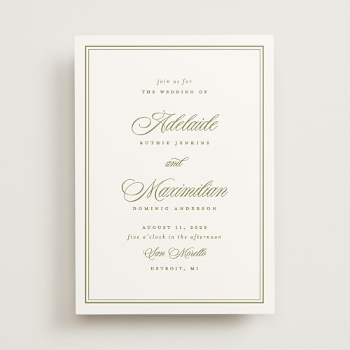 This is a olive wedding invitations with standard by Ellen Schlegelmilch called museo printing on signature in standard