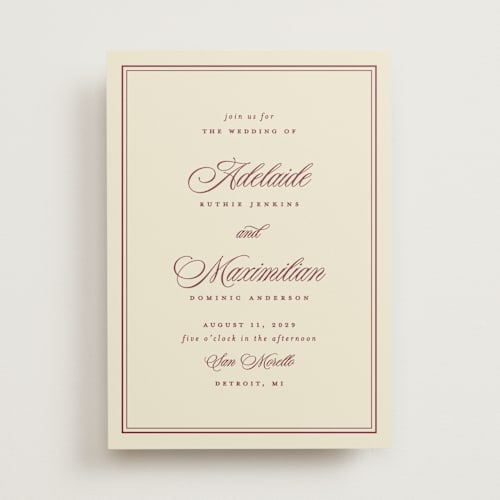 This is a burgundy wedding invitations with standard by Ellen Schlegelmilch called museo printing on signature in standard