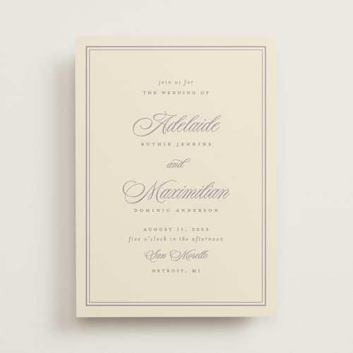 This is a mauve wedding invitations with standard by Ellen Schlegelmilch called museo printing on signature in standard
