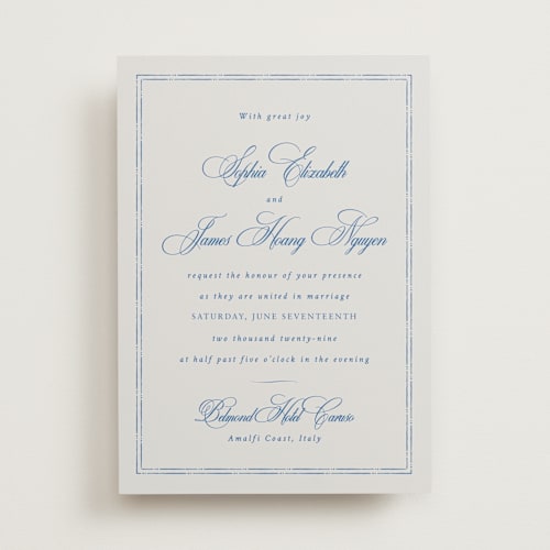 This is a blue mist wedding invitations with standard by Design Lotus called amalfi blue printing on signature in standard
