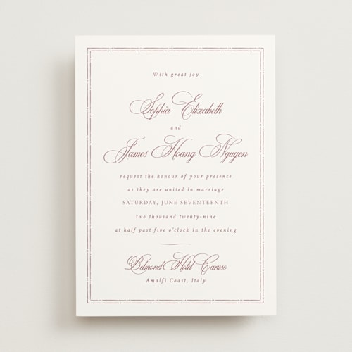 This is a dusty rose wedding invitations with standard by Design Lotus called amalfi blue printing on signature in standard