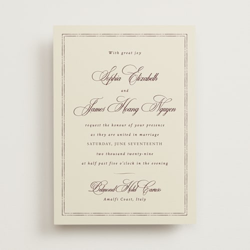 This is a maroon wedding invitations with standard by Design Lotus called amalfi blue printing on signature in standard