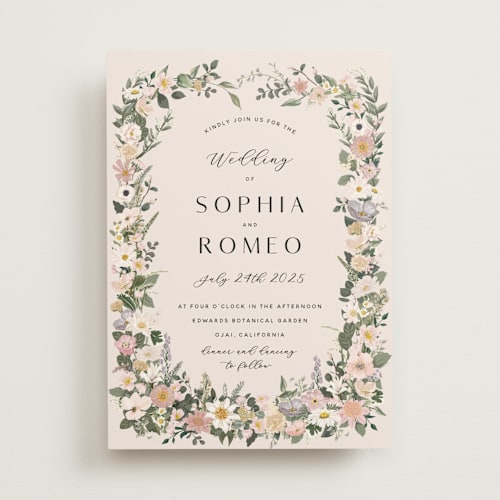 This is a blush wedding invitations with standard by Susan Moyal called secret garden printing on signature in standard