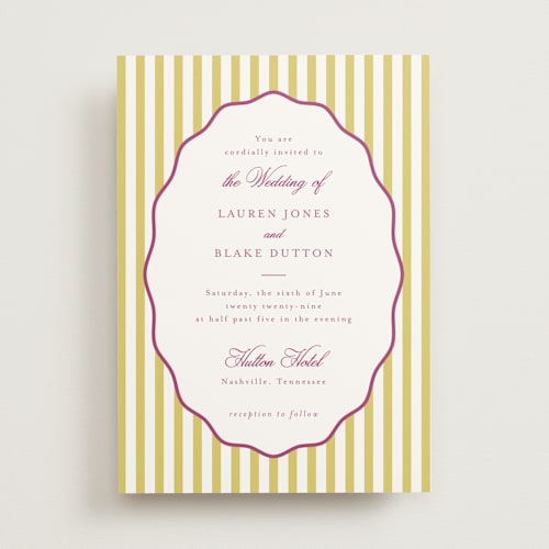 This is a tropical citrus wedding invitations with standard by Emily Betts called curved frame printing on signature in standard