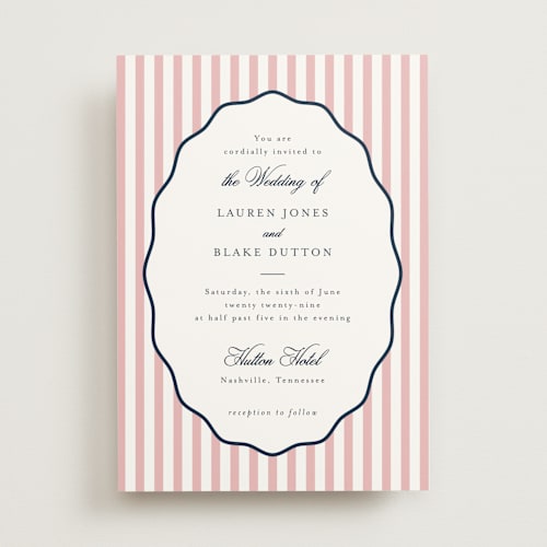This is a navy peony wedding invitations with standard by Emily Betts called curved frame printing on signature in standard