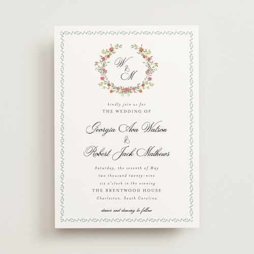 This is a tropical wedding invitations with standard by Susan Moyal called monogramed printing on signature in standard